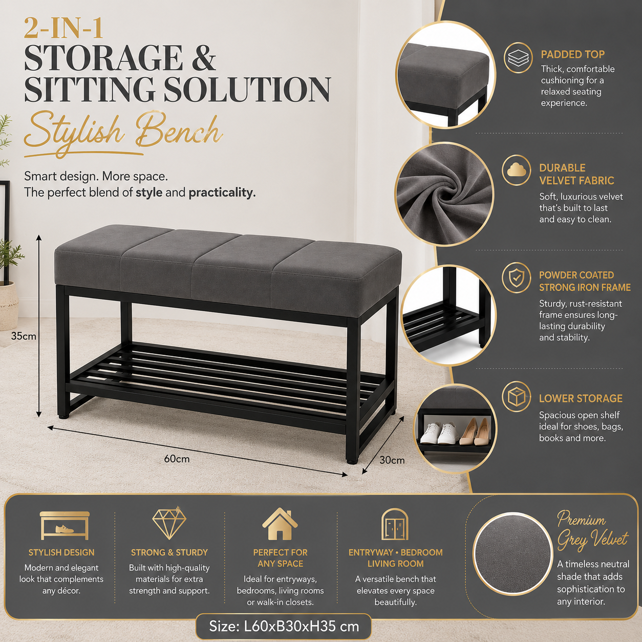 Stone Mist Storage Bench