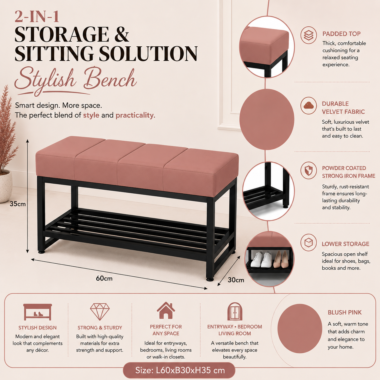 Blush Rose Storage Bench
