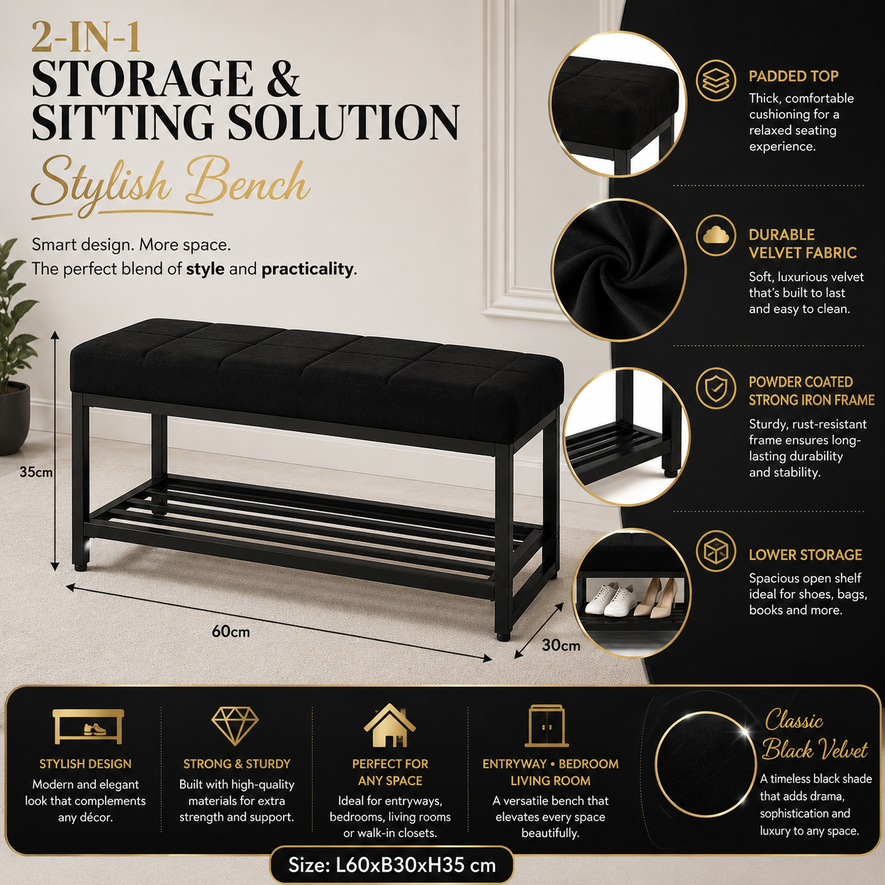 Midnight Noir Storage Bench